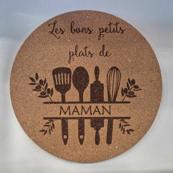 Dessous de plat en liège gravé : Les bons petits plats de Maman, modèle 1